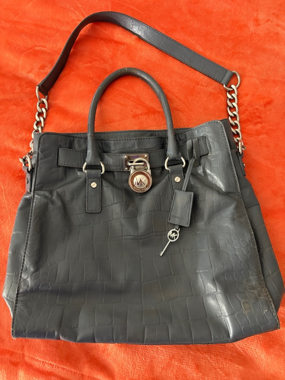 Michael Kors Dark Gray Croc-Embossed Leather Satchel with Gold Hardware